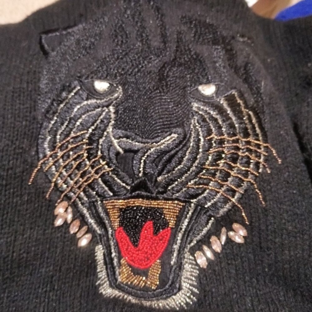 GUESS Y2K Panther Embroidered Sweater Beaded Graphic Knit Black XS Oversized